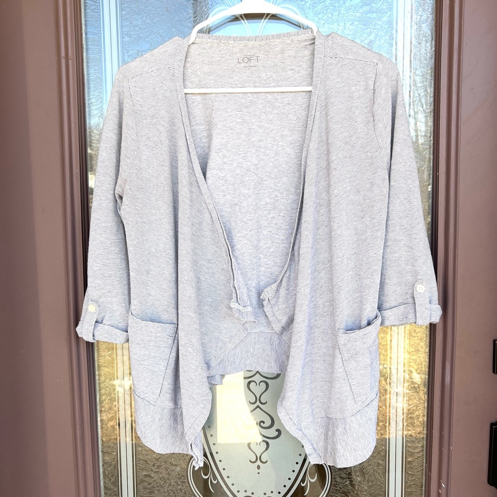 Vintage Ann Taylor LOFT Gray and White Striped Open Cardigan